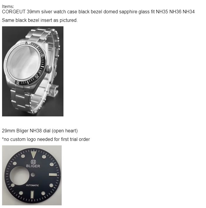 Custom Parts-39mm nh diver case with stainless steel strap +nh38dial+hands+movement