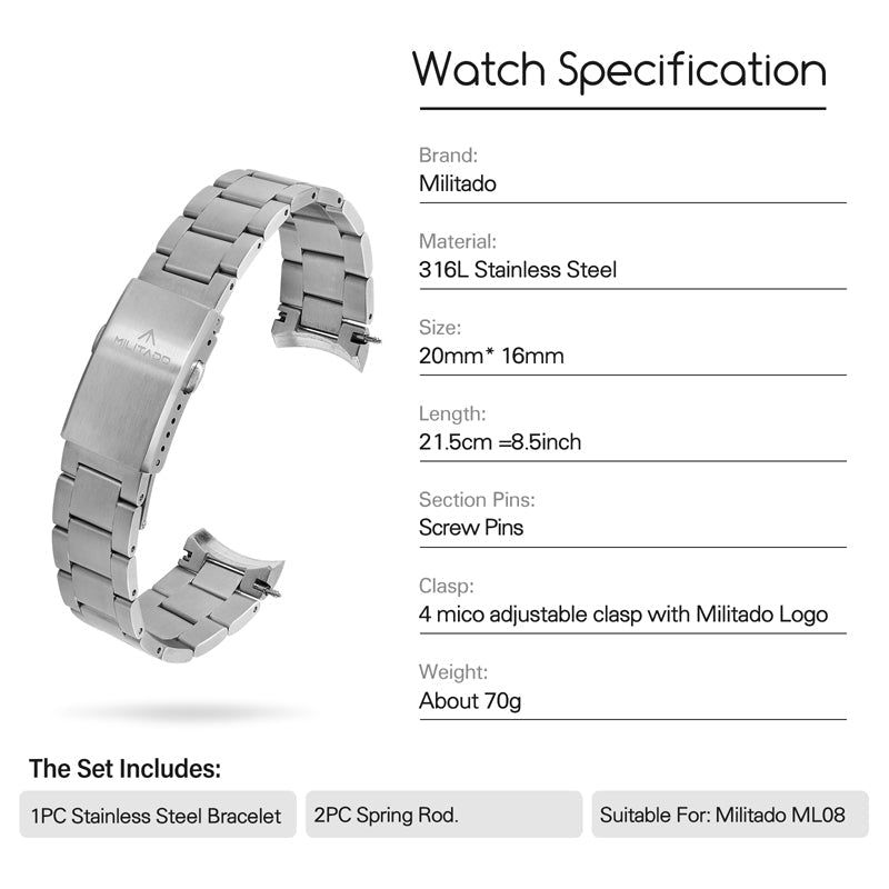 Stainless Steel Watch Band Fit for Militado ML08