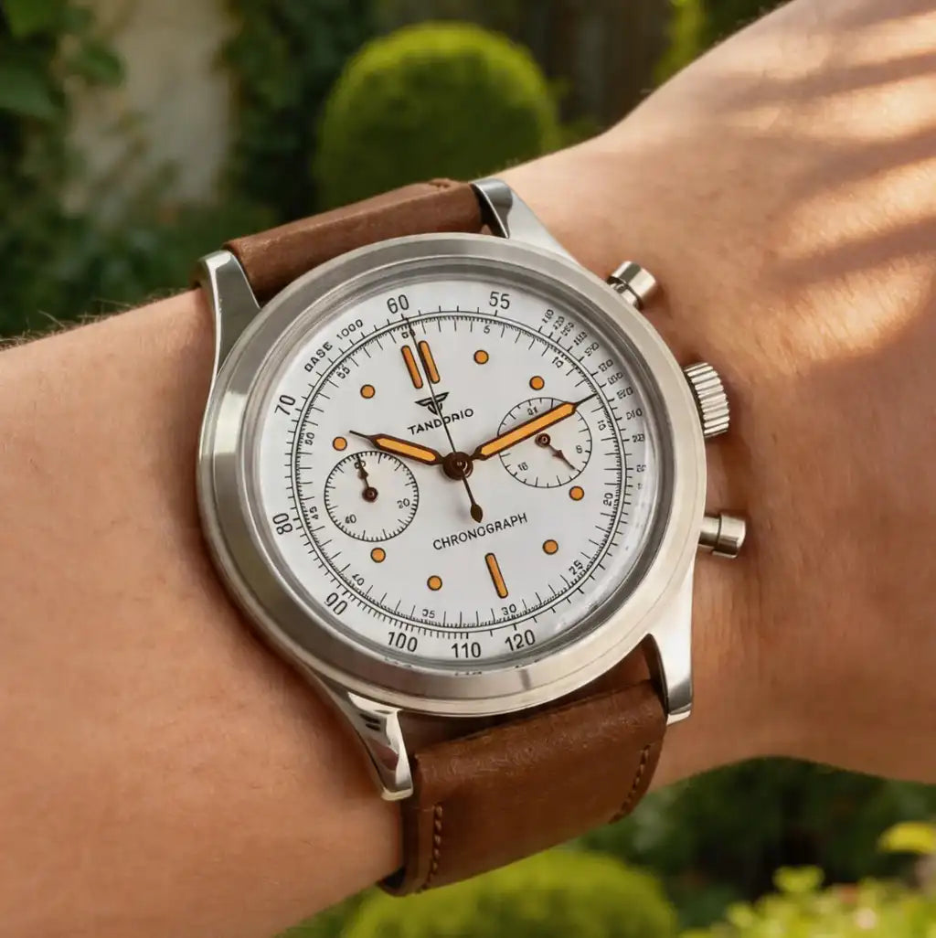 38mm Quartz Pilot Tandorio TD911 Chronograph MIYOTA OS20 Quartz Domed Sapphire Glass Retro 5Bar 2 eyes