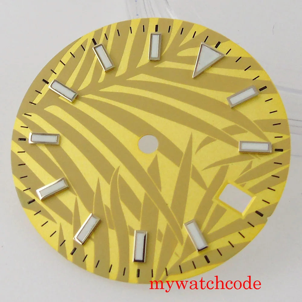 29mm Luminous Dark Green White Gold Sterile Watch Dial With Date Window For NH35 Movement Leaf Pattern High Quality Watch Parts