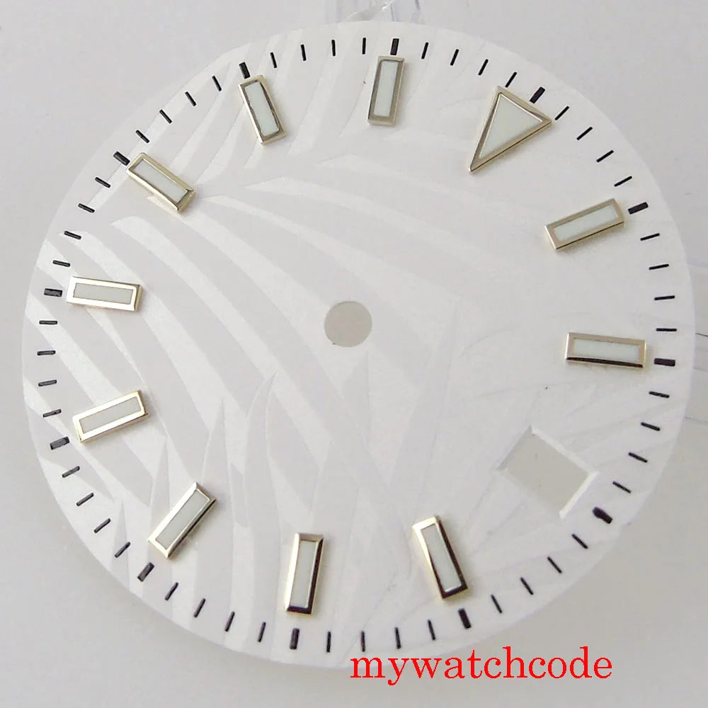 29mm Luminous Dark Green White Gold Sterile Watch Dial With Date Window For NH35 Movement Leaf Pattern High Quality Watch Parts