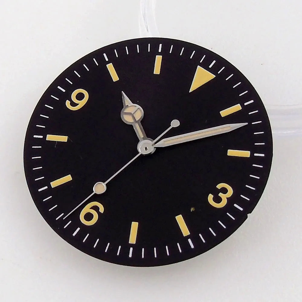 Nologo Black Vintage 29mm Yellow Marks Explorer Watch Dial fit NH35A NH36A ETA2824 PT5000 ST2130 ST1612 MIYOTA DG 2813 Watch Needles
