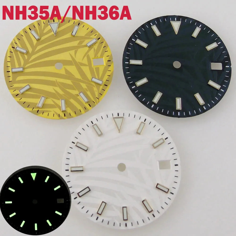 Leaf Watch Dial 29mm Lume Dial Watches Face Fit For NH35/NH35A Movement Date Window Leaf Design Black/Yellow/White Color
