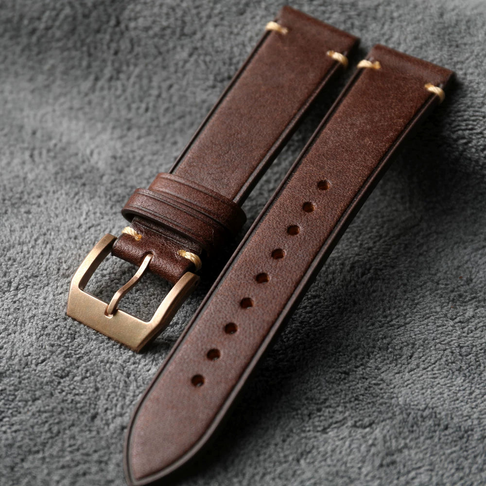 Solid CUSN8 Bronze Clasp Leather Strap High-end first-layer cowhide 20MM 21MM matte green black brown