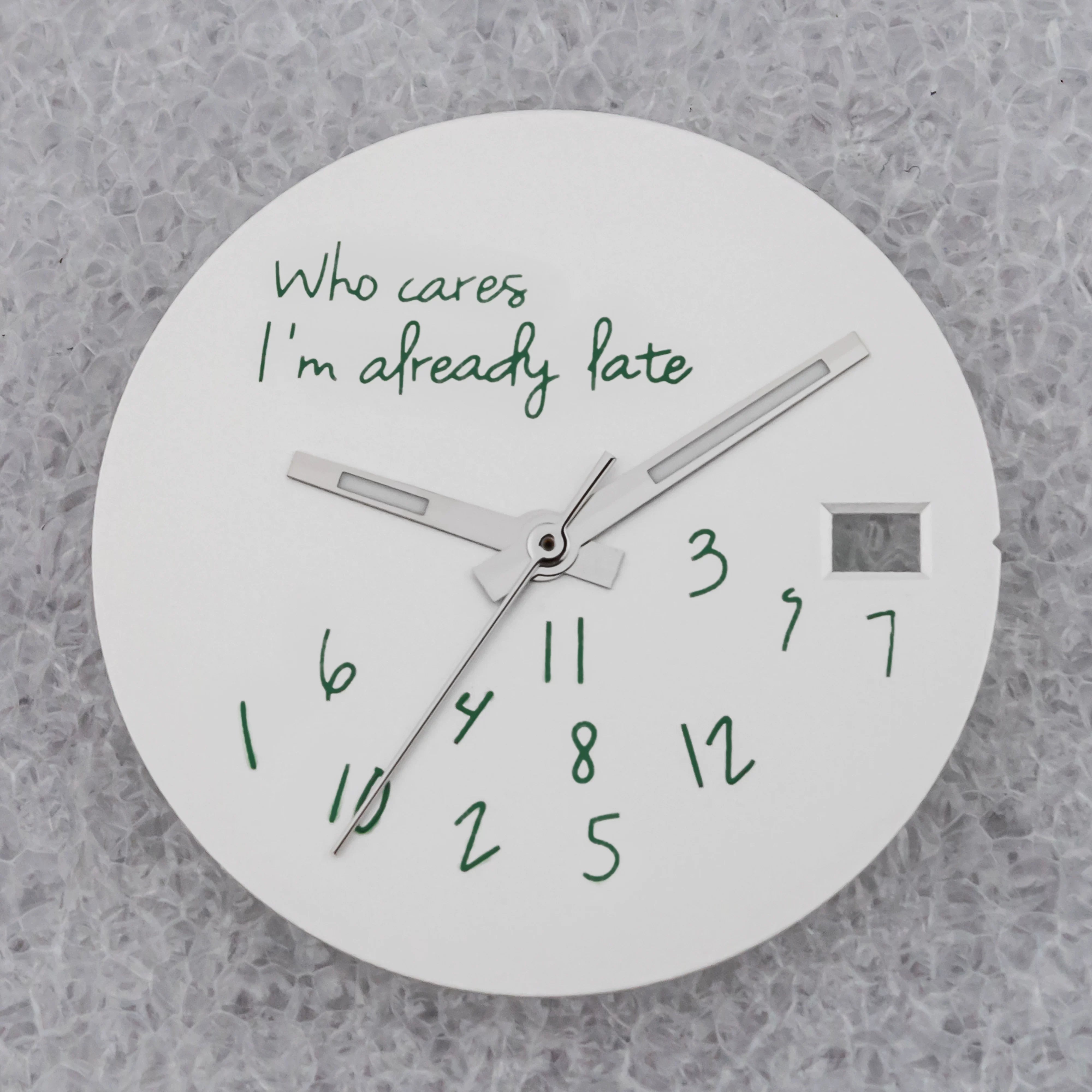 NO Date Window Dial Who Cares I'm Already Late for NH35 movement 28.5mm Green Lume Hands
