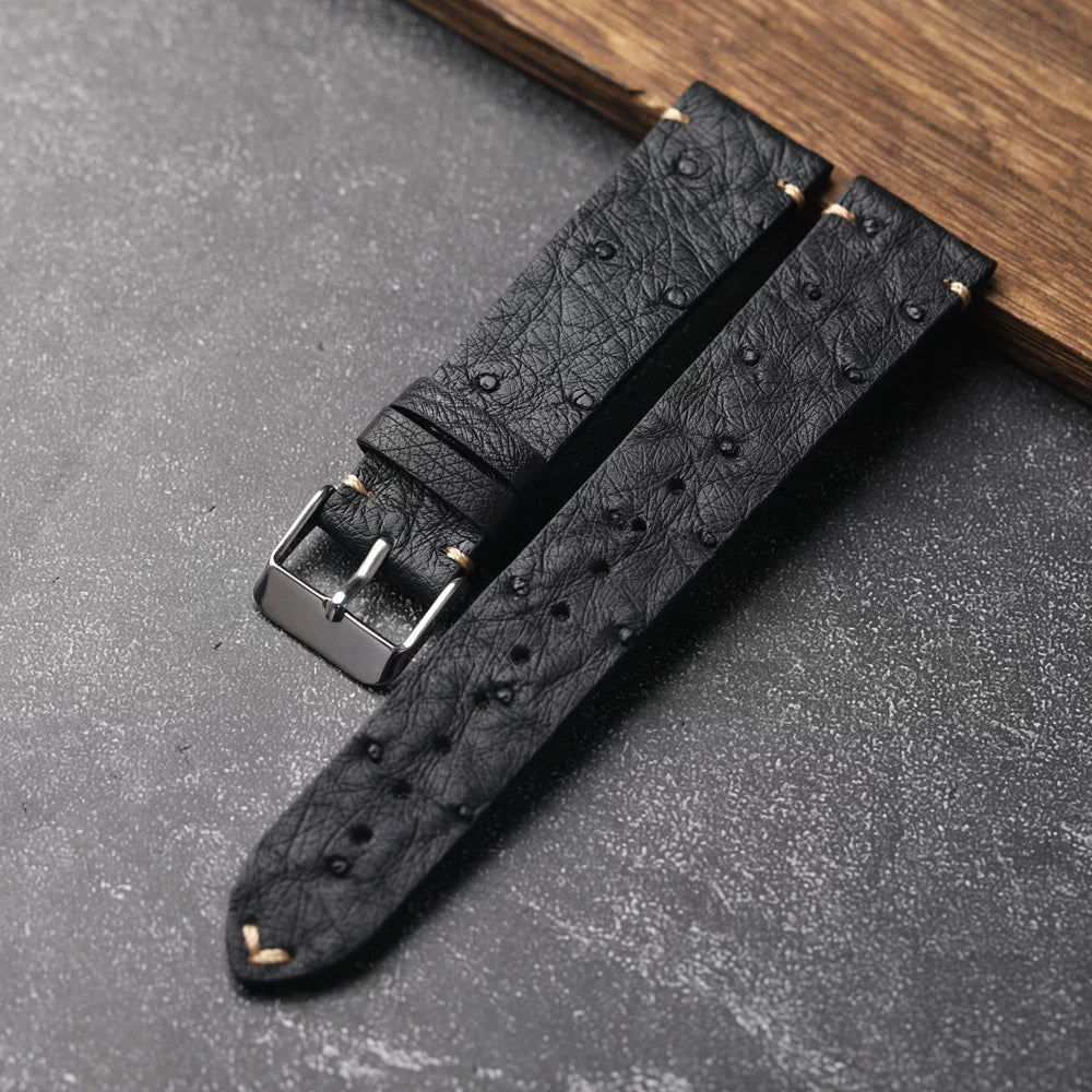 Handmade Ostrich Leather Strap 18 19 20 21 22mm Black Soft Men's Bracelet Vintage Fit Seiko 125mm+75mm