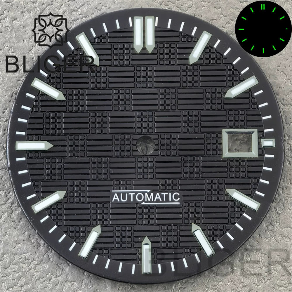 31MM Dial engineer checkered strips scale watch dial 3 o'clock calendar green luminous light for NH35 Miyota 8215, PT5000, ETA2824movement