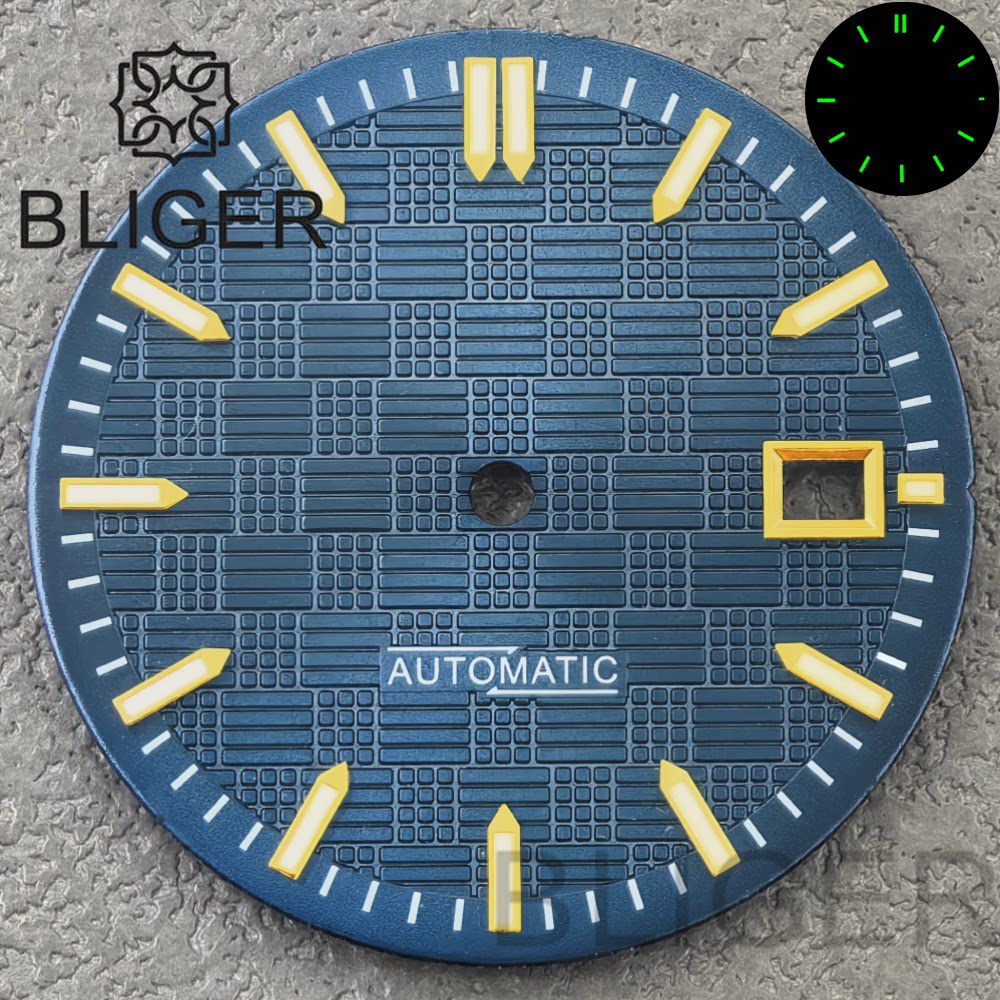 31MM Dial engineer checkered strips scale watch dial 3 o'clock calendar green luminous light for NH35 Miyota 8215, PT5000, ETA2824movement