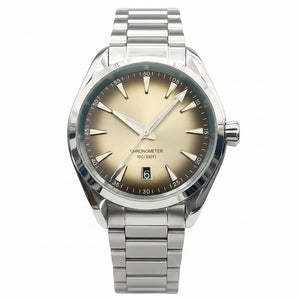 Silver wristwatch with beige dial on a gray background, featuring the brand 'Taobiao Pavilion'.