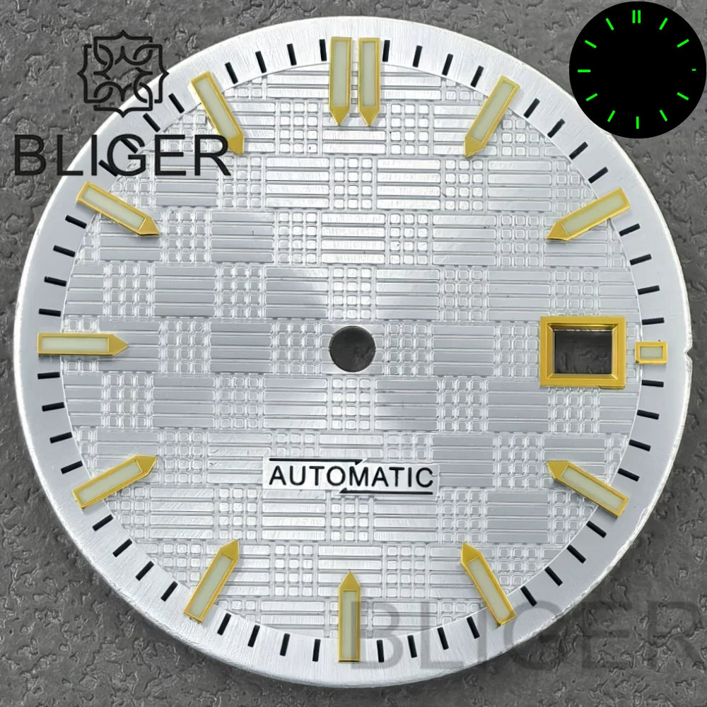 31MM Dial engineer checkered strips scale watch dial 3 o'clock calendar green luminous light for NH35 Miyota 8215, PT5000, ETA2824movement