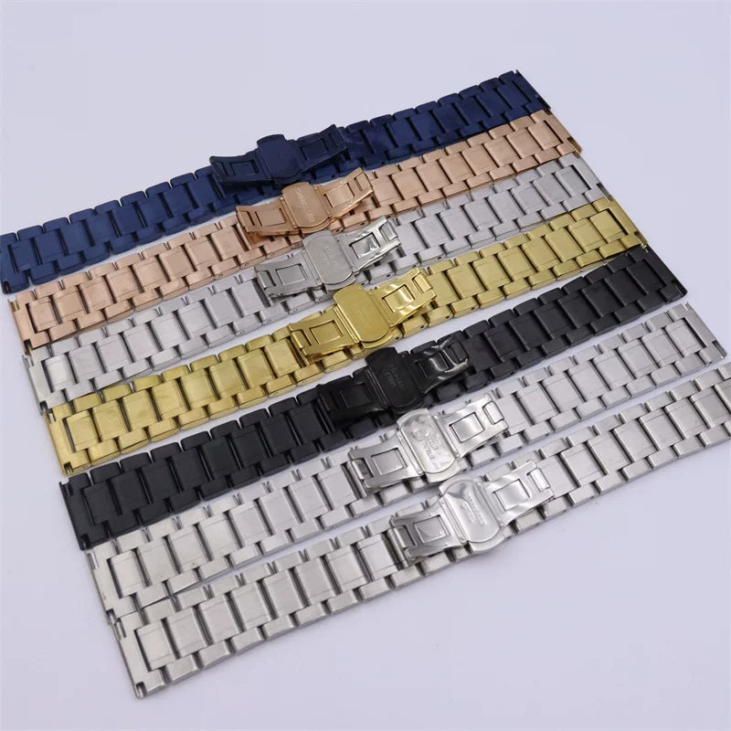316L Solid Stainless Steel Bracelet Butterfly Buckle Flat End Blue Gold Silver Black Rose Gold+ Curved End link