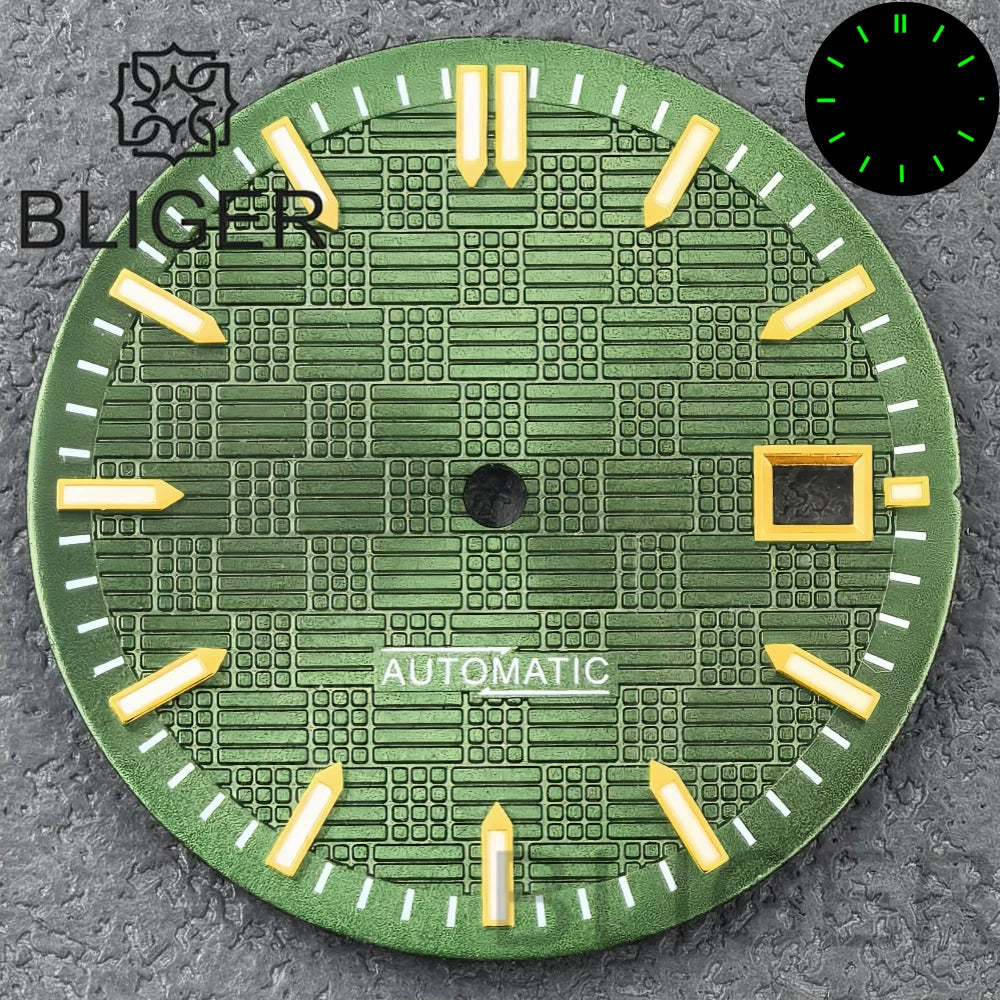 31MM Dial engineer checkered strips scale watch dial 3 o'clock calendar green luminous light for NH35 Miyota 8215, PT5000, ETA2824movement