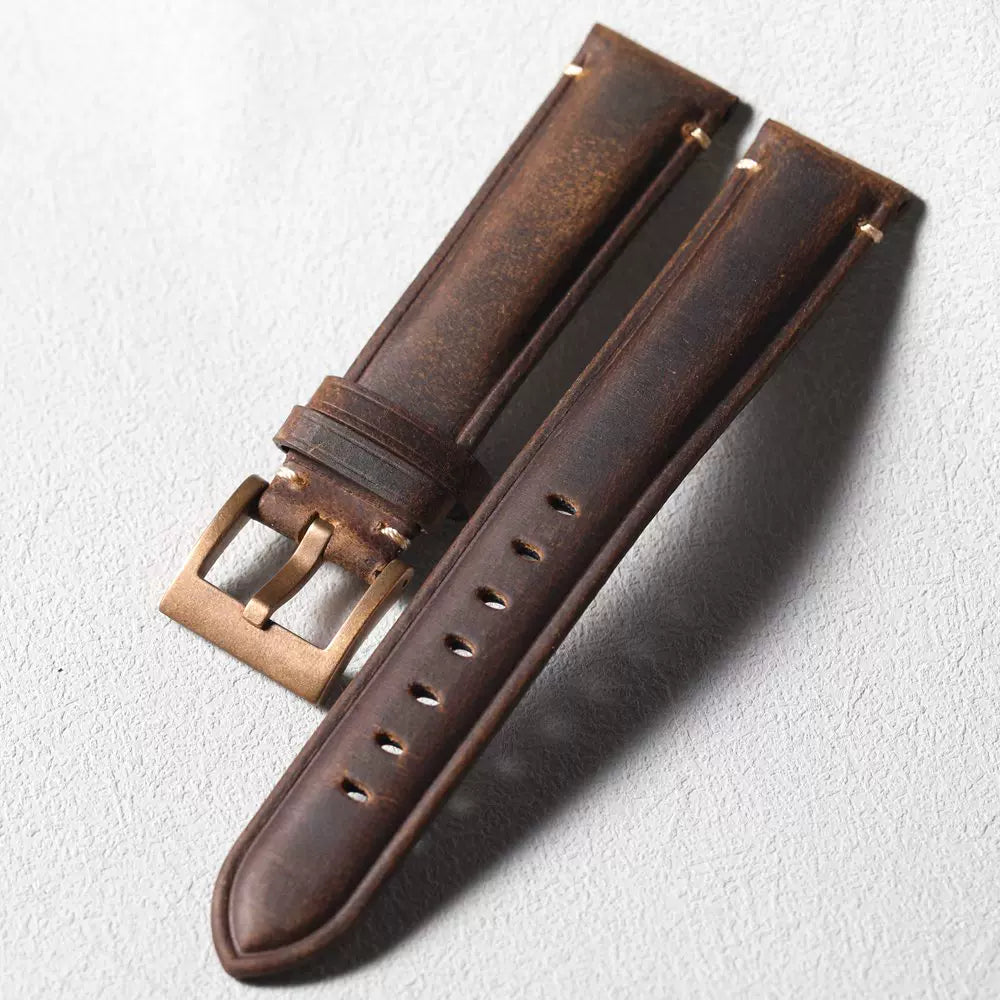 Real Solid Bronze Clasp Watch Strap Handmade first-layer cowhide band 19 20 21 22MM brown leather thickened men's bracelet retro