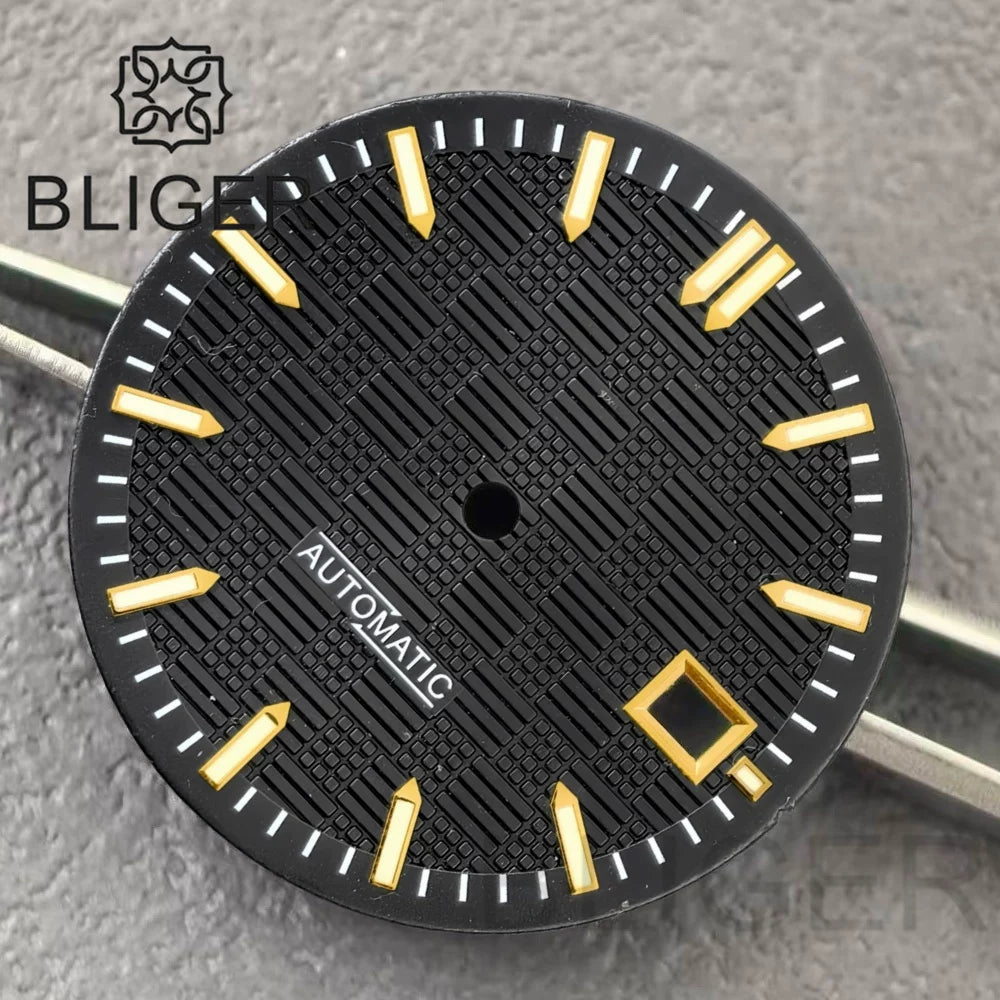 31MM Dial engineer checkered strips scale watch dial 3 o'clock calendar green luminous light for NH35 Miyota 8215, PT5000, ETA2824movement