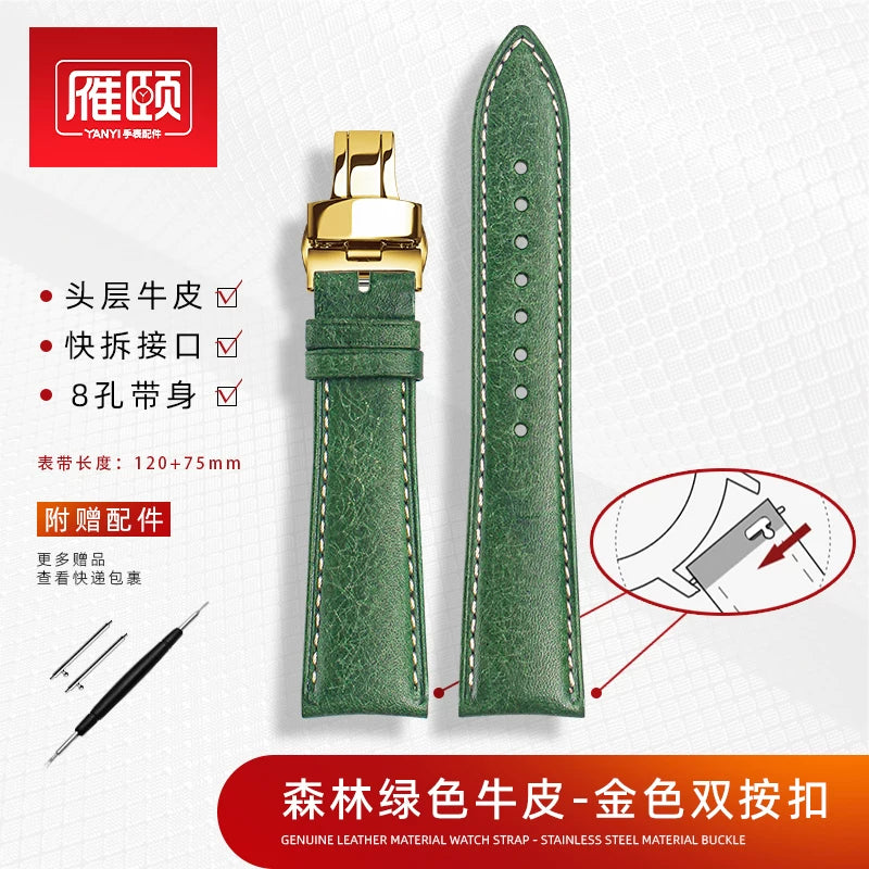 Retro matte Leather Watch strap Adapt to most watches first-layer cowhide butterFly Pin buckle 19mm 20mm 21mm 22mm Quick release