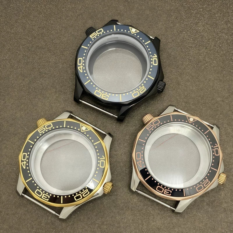 41mm Pvd Black Rose Gold Seamaster Watch Case 2 crown 316L Stainless Steel Ceramic for NH35/36 Movement