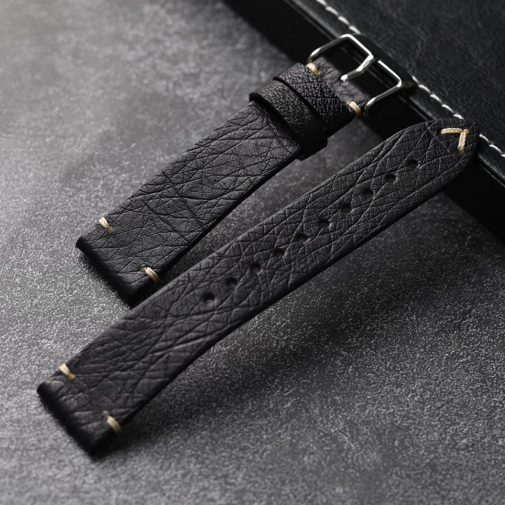 Handmade Ostrich Leather Strap 18 19 20 21 22mm Black Soft Men's Bracelet Vintage Fit Seiko 125mm+75mm