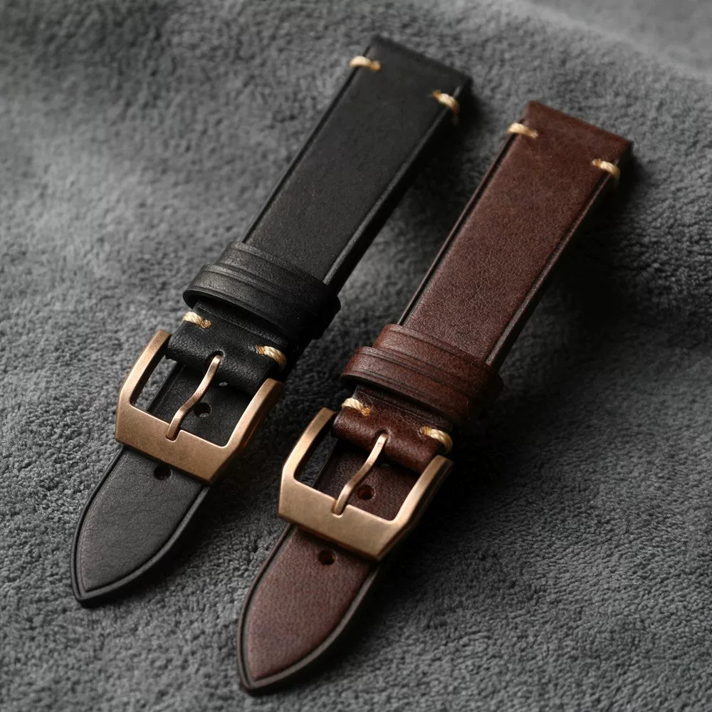 Solid CUSN8 Bronze Clasp Leather Strap High-end first-layer cowhide 20MM 21MM matte green black brown