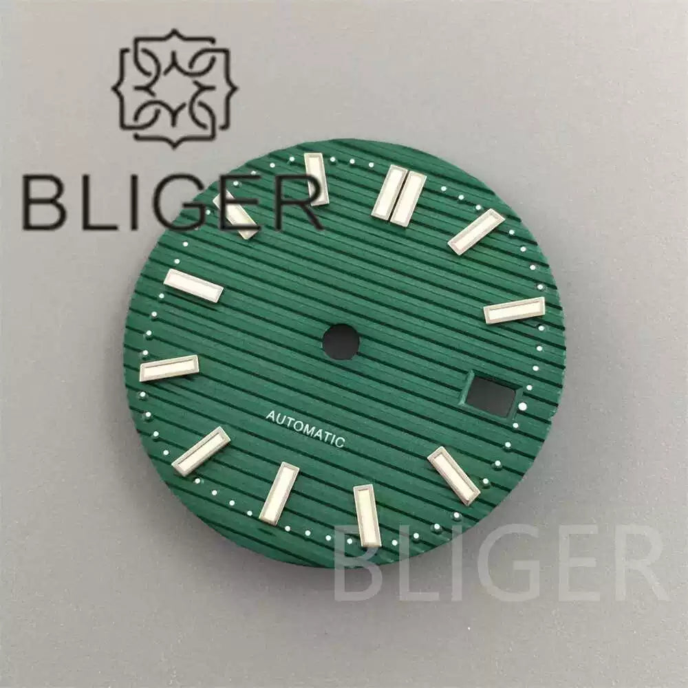 29.5MM Nautilus Dial for Seiko NH35 green luminous double bar 12 hour marker