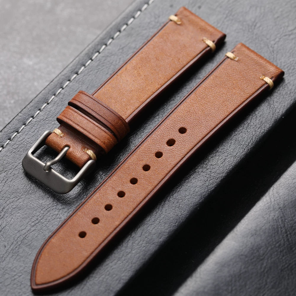 Titanium Clasp Handmade cowhide Leather strap 19 20 21 22MM retro style