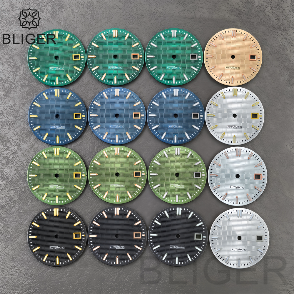 31MM Dial engineer checkered strips scale watch dial 3 o'clock calendar green luminous light for NH35 Miyota 8215, PT5000, ETA2824movement