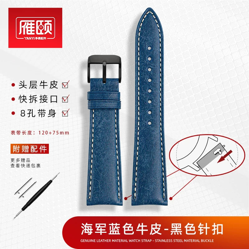 Retro matte Leather Watch strap Adapt to most watches first-layer cowhide butterFly Pin buckle 19mm 20mm 21mm 22mm Quick release