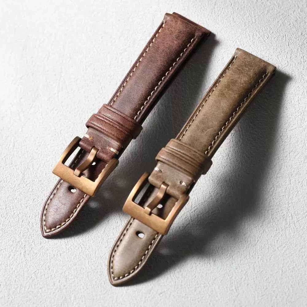 Handmade Bronze Buckle Watch Strap 19 20 21 22MM Pure Copper clasp Cowhide Bracelet Leather Soft Retro Style