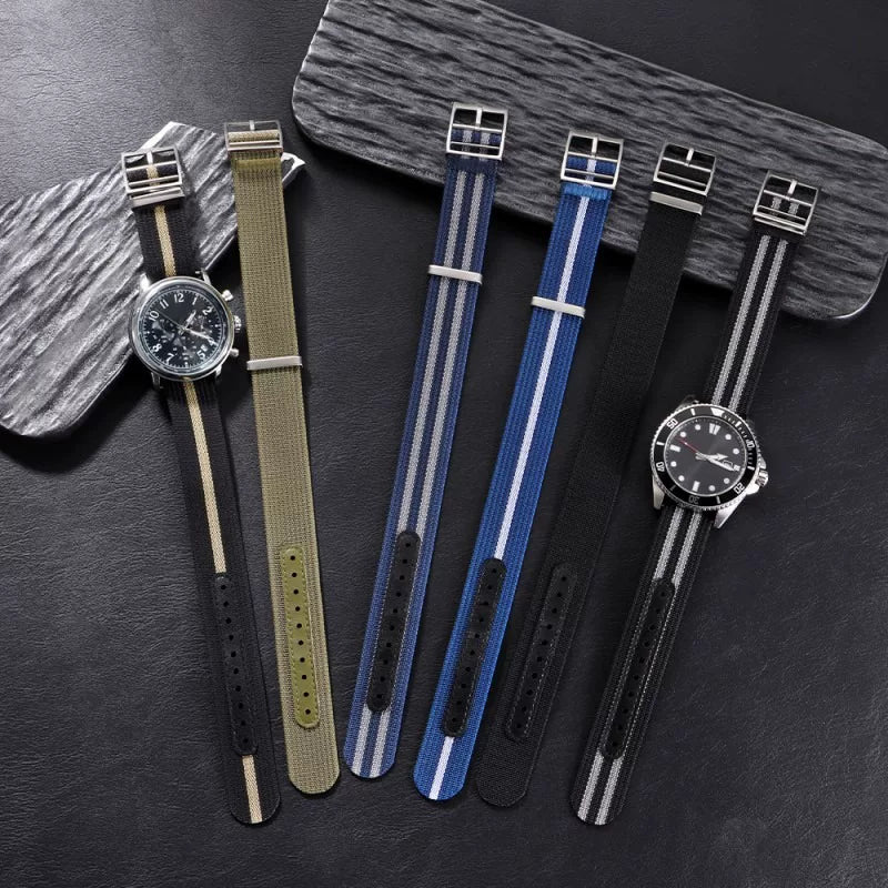Nato nylon strap with leather sticker For Sub FXD etc Seiko Mods 20/22mm Silver Buckle