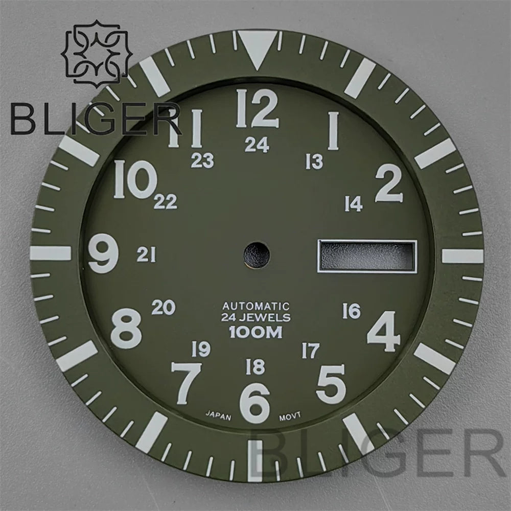 34.3mm Dial For NH36 Day-Date double calendar window green luminous