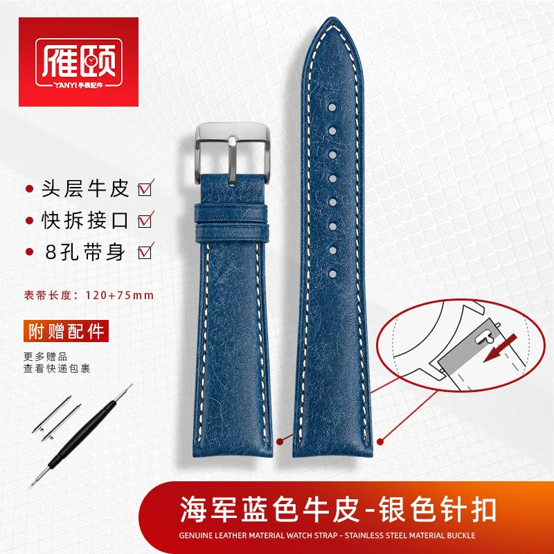 Retro matte Leather Watch strap Adapt to most watches first-layer cowhide butterFly Pin buckle 19mm 20mm 21mm 22mm Quick release