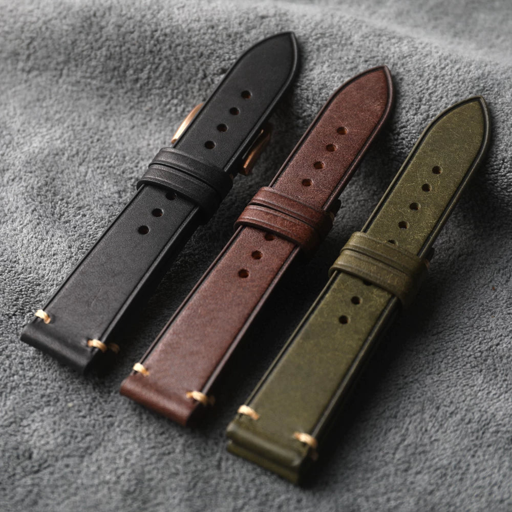 Solid CUSN8 Bronze Clasp Leather Strap High-end first-layer cowhide 20MM 21MM matte green black brown
