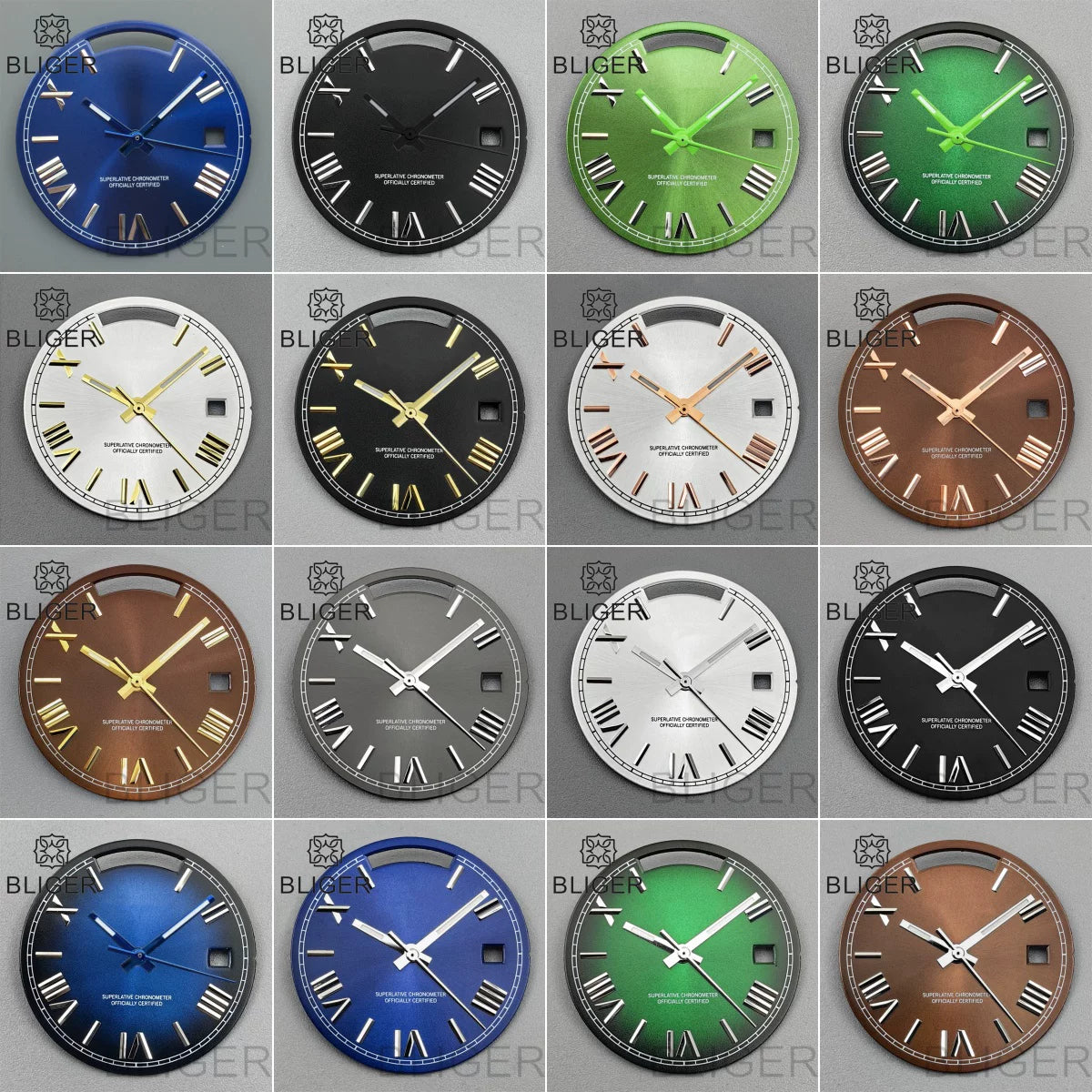 29MM Miyota 8285 dial with hands Roman numeral calendar luminous Green Black Blue White Brown Grey