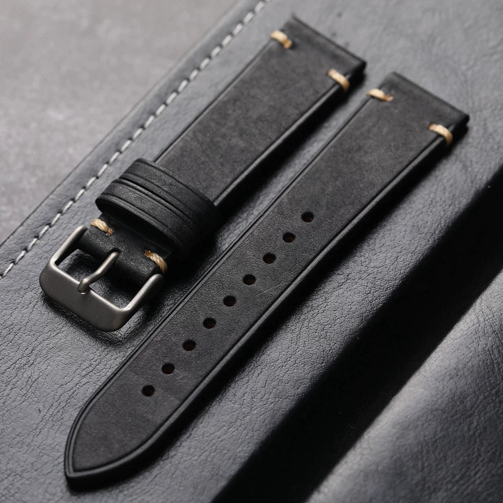 Titanium Clasp Handmade cowhide Leather strap 19 20 21 22MM retro style