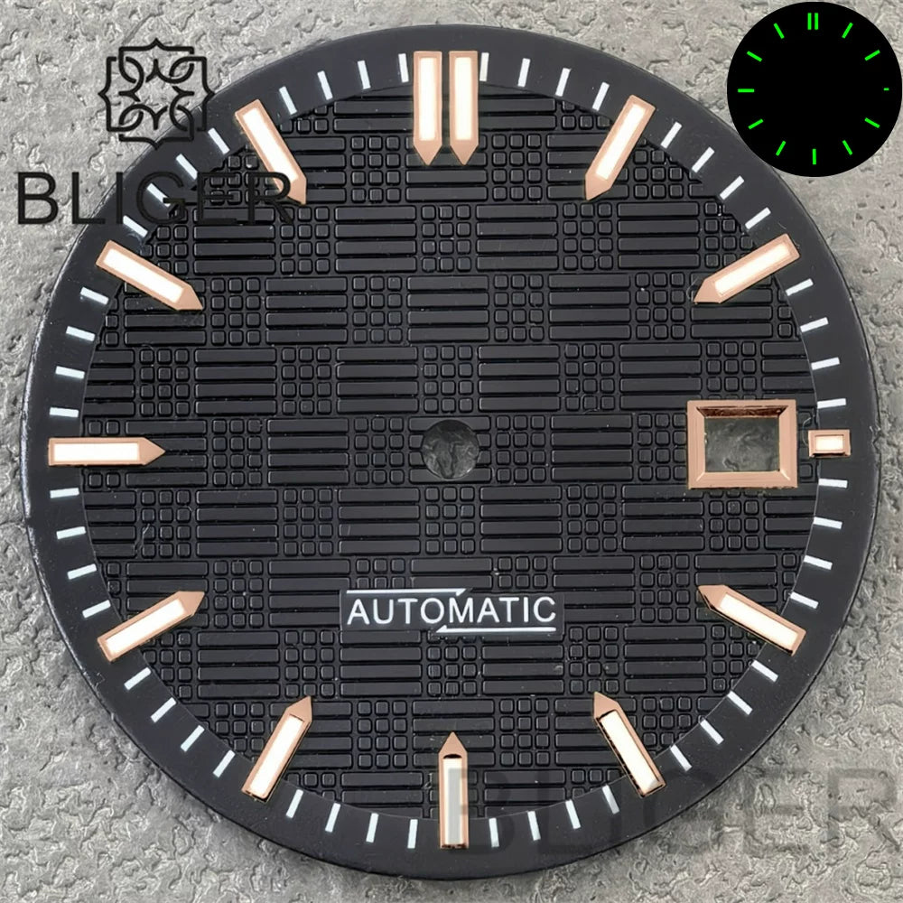 31MM Dial engineer checkered strips scale watch dial 3 o'clock calendar green luminous light for NH35 Miyota 8215, PT5000, ETA2824movement