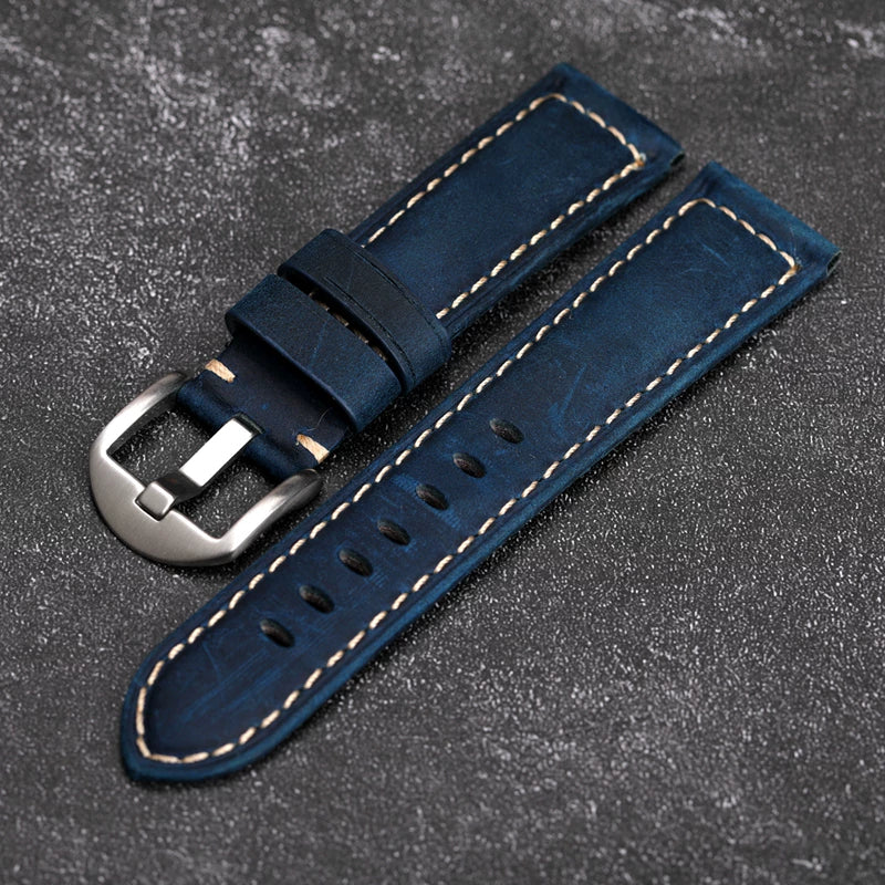 Dark blue matte leather strap 20 22 24MM fat sea blue angel 2nd generation first layer cowhide men's bracelet