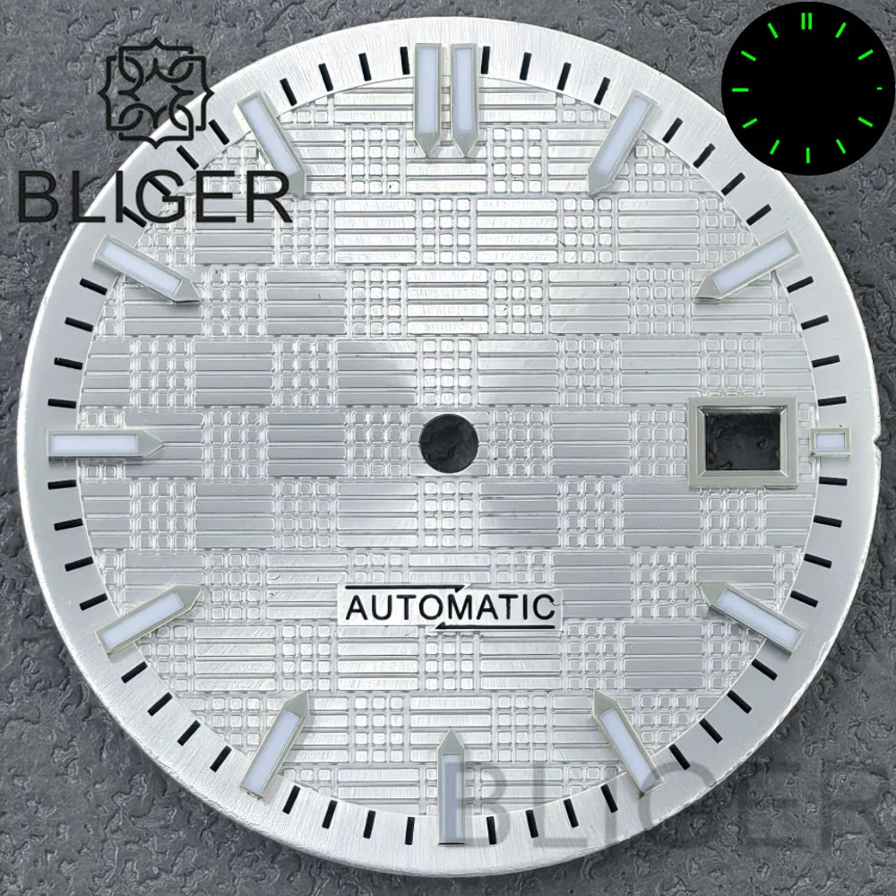31MM Dial engineer checkered strips scale watch dial 3 o'clock calendar green luminous light for NH35 Miyota 8215, PT5000, ETA2824movement