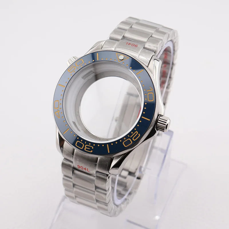 42mm NH35 Stainless Steel Seamaster Watch Case Mineral/Sapphire Glass Black Ceramics Bezel Insert with Bracelet for Seiko Mod Seamaster Build Parts