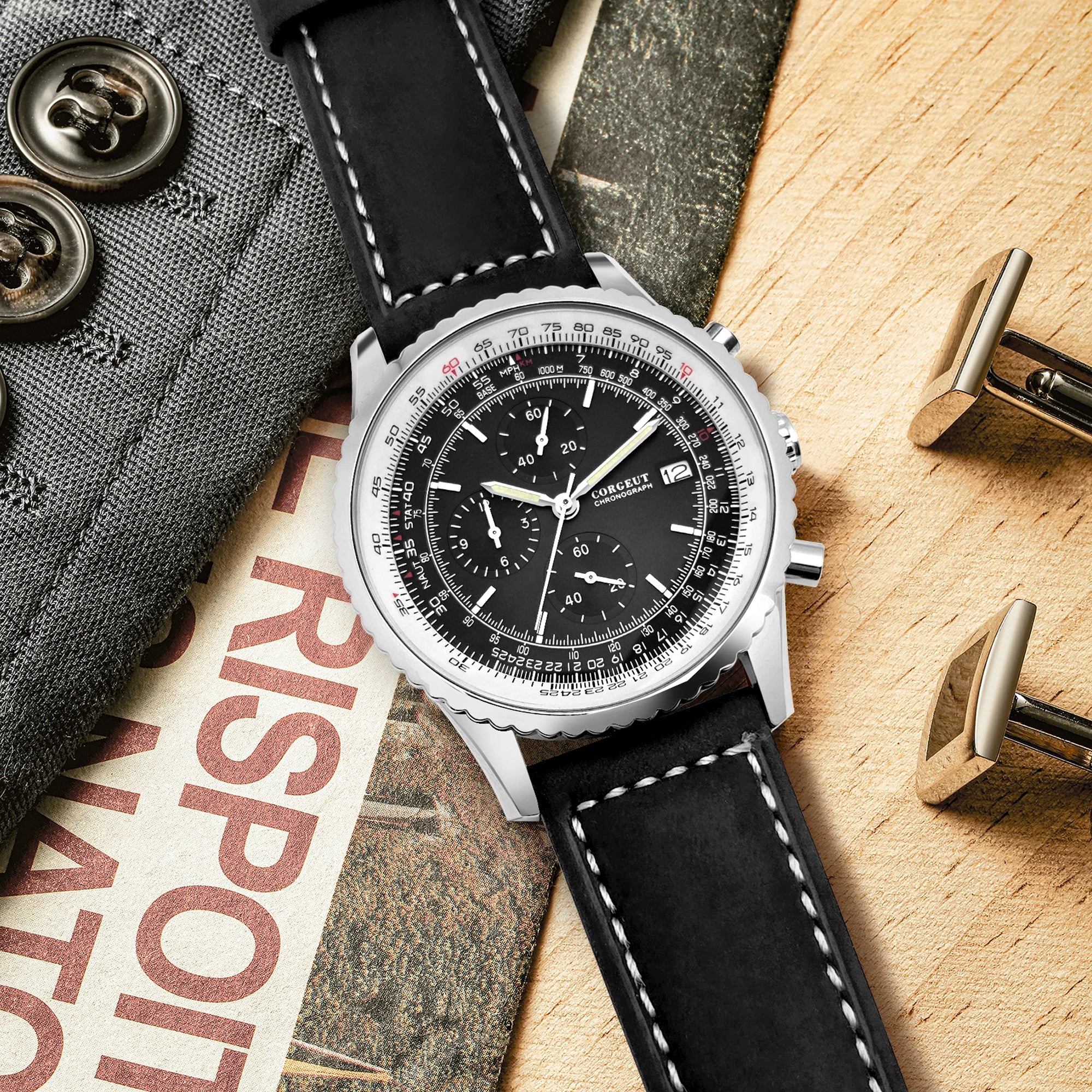 Air Chronograph Watch Corgeut 9001 VK67 Quartz Stainless Steel Watch 45mm 10Bar Luminous