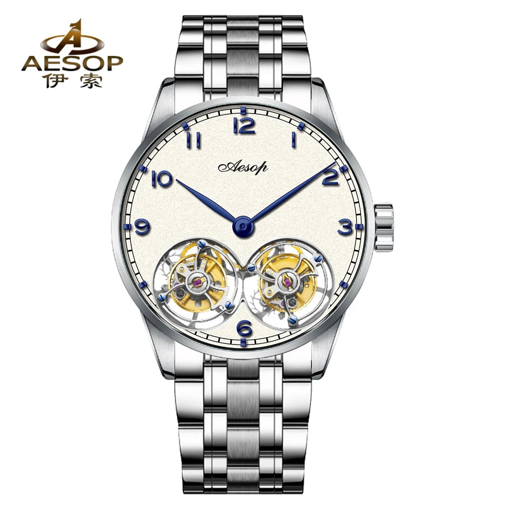 42mm AESOP 7108 Double Flying Tourbillon Movement Watch For Men Skeleton Mechanical Luxury Watches Wterproof Wristwatches Sapphire