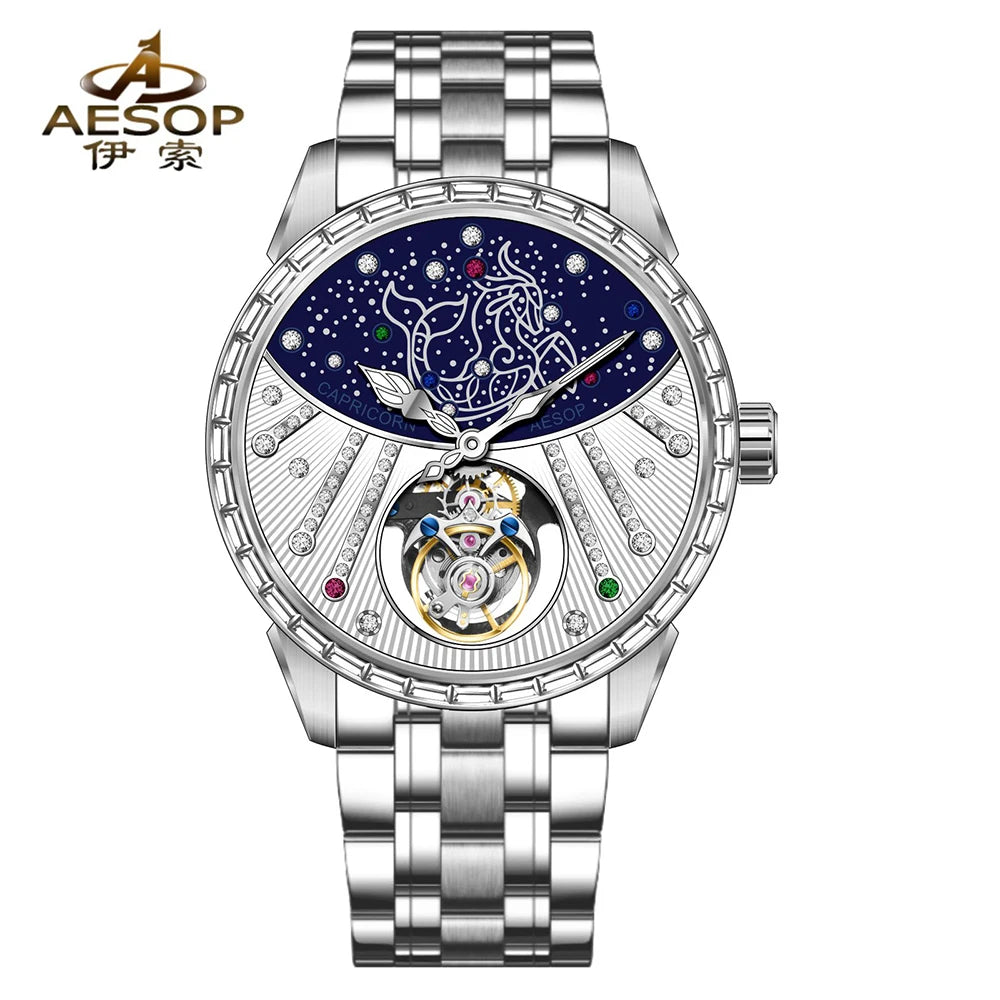 Constellation Flying Tourbillon Watch 42mm AESOP 7098 Skeleton Mechanical Luxury Waterproof Sapphire