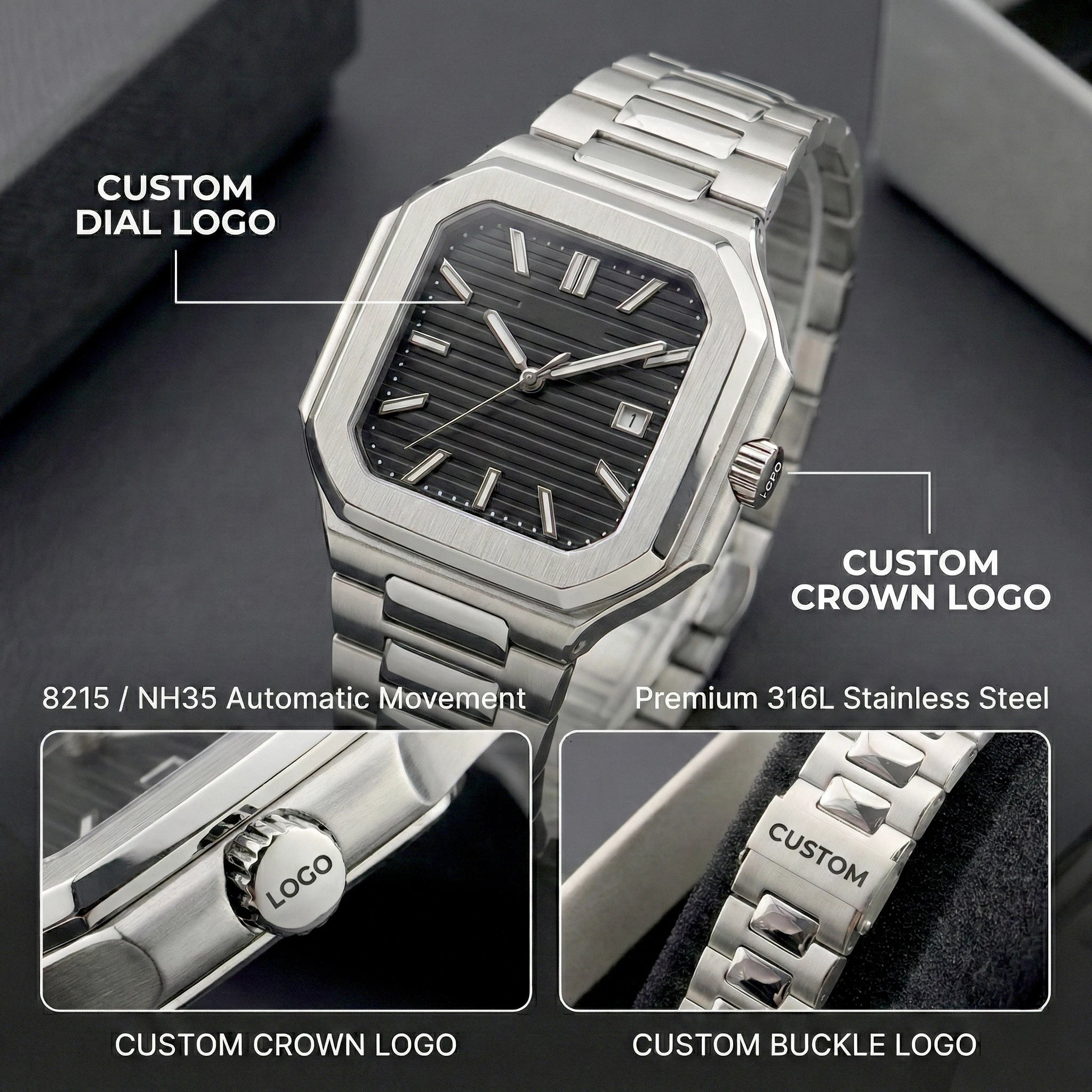 44mm (38mm) custom logo Sterile Cubitus Watch TMI NH35 Miyota 8215 Octagonal Square Sapphire 5ATM Dress Watch Corgeut