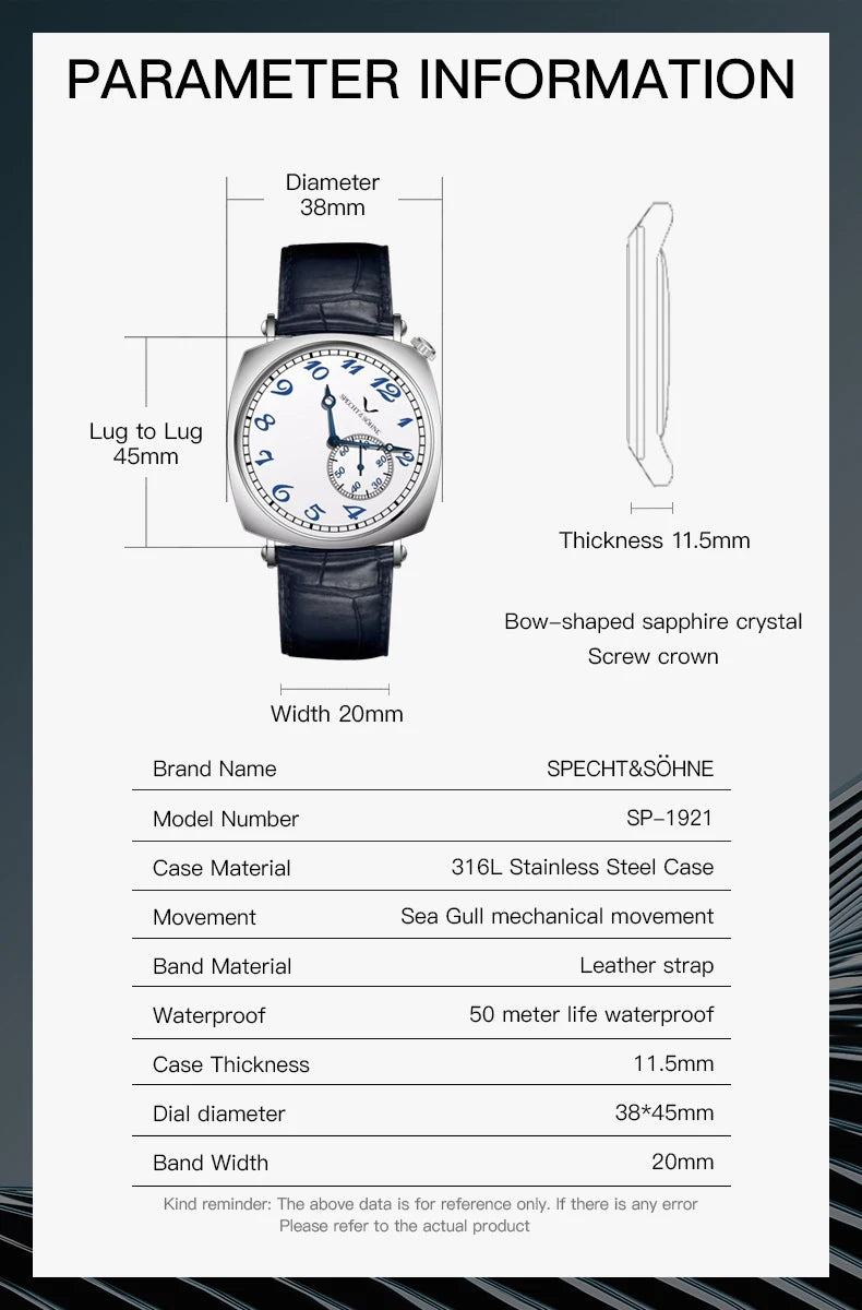 Vintage Square Watch Specht & Söhne 1921 Rose Gold AR Sapphire Watches Seagull ST1701 Automatic 5ATM