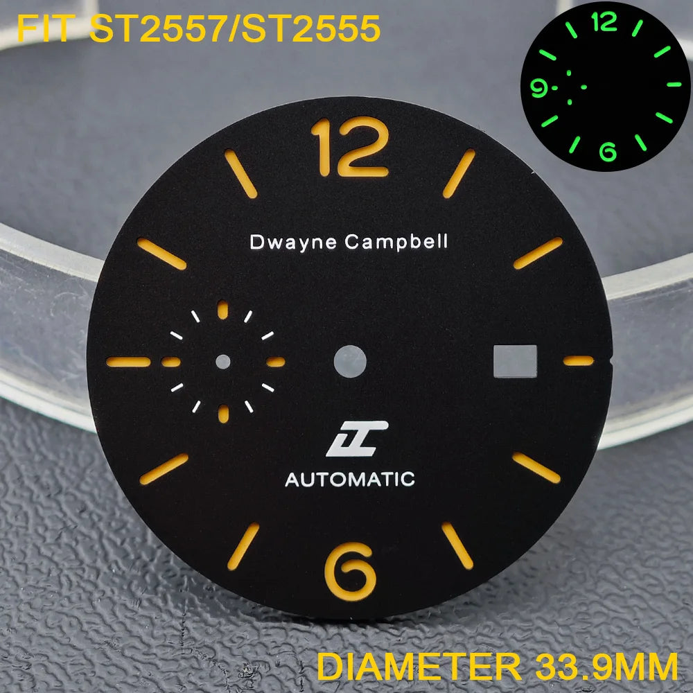 33.9/36.5mm Diameter Green Luminous Sterile Dial for Seagull GMT ST2557/ST2555 Movement with Single Calendar,Custom DIY logo