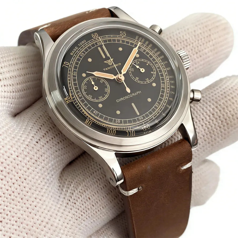 38mm Quartz Pilot Tandorio TD911 Chronograph MIYOTA OS20 Quartz Domed Sapphire Glass Retro 5Bar 2 eyes