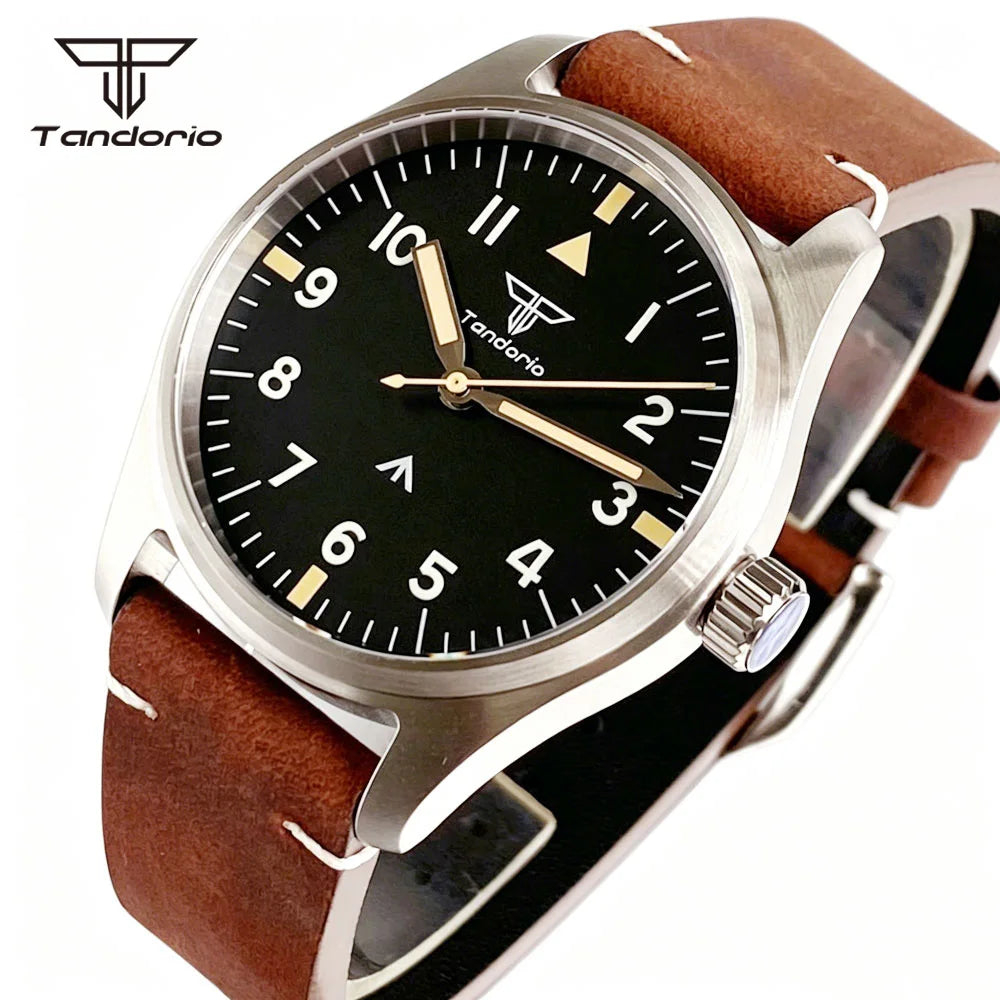 39mm VH31 Quartz Pilot Watch Tandorio TD910A Sapphire Glass Luminous 20BAR