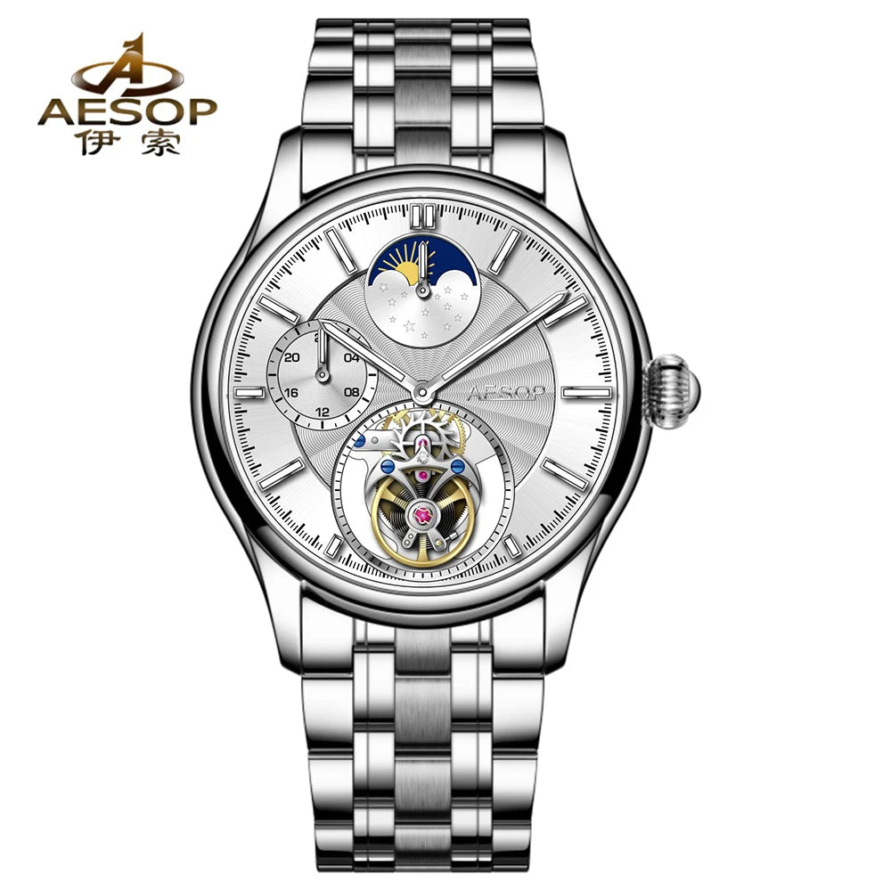 Flying Tourbillon Moon Phase Watch AESOP 7118 42mm Subsecond Automatic Skeleton Waterproof Sapphire