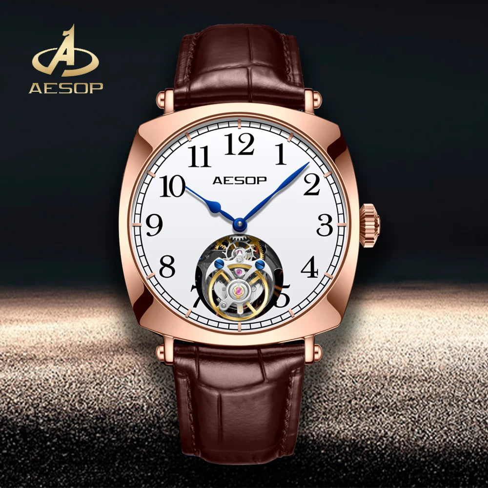 41mm AESOP 7068 Flying Tourbillon Mechanical Skeleton Movement Watch Sapphire Luxury Square Dress