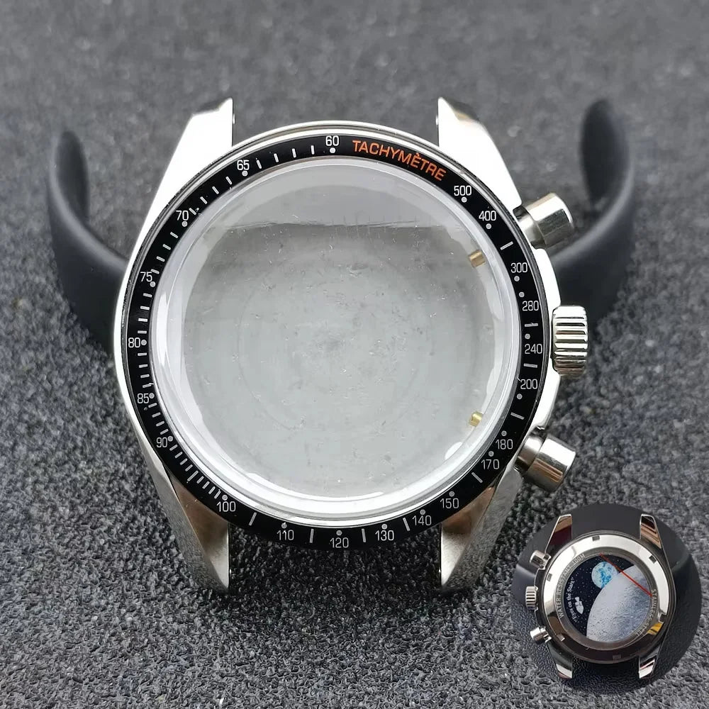 40mm Speedmaster Watch Case Stainless Steel For VK63 VK64 Chronograph Quartz Movement Mineral Moon Foorprint Sterile Caseback