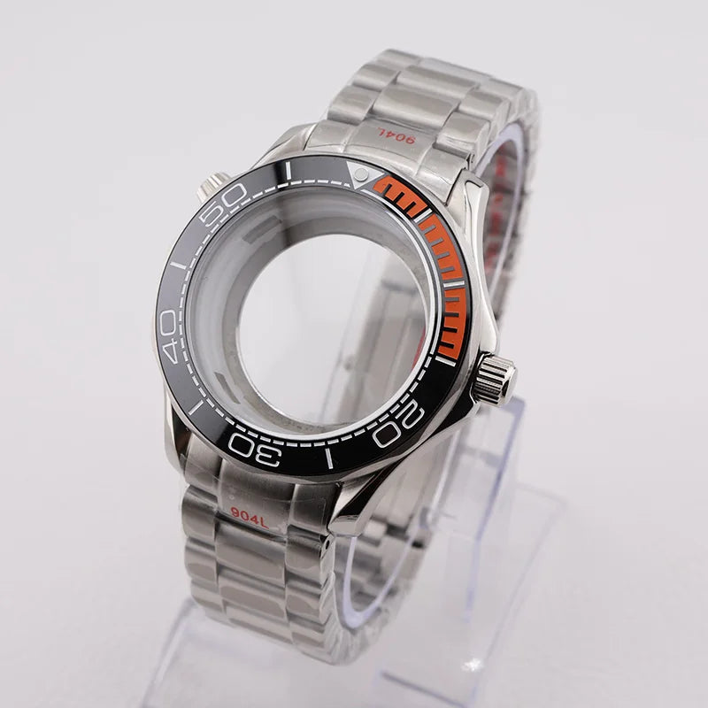 42mm NH35 Stainless Steel Seamaster Watch Case Mineral/Sapphire Glass Black Ceramics Bezel Insert with Bracelet for Seiko Mod Seamaster Build Parts