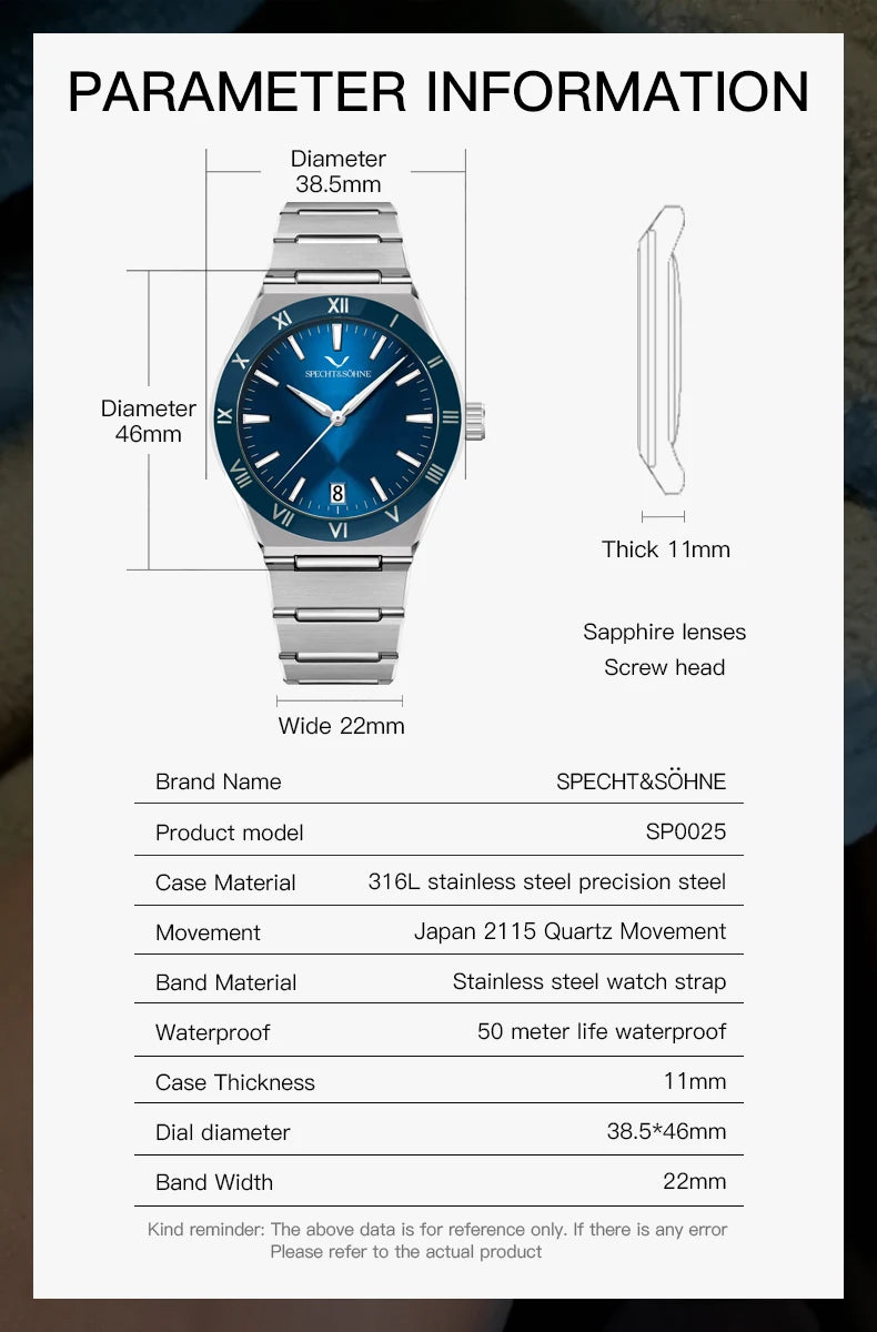 Fashion Quartz Diver Constellation style Specht & Söhne Luxury 38MM Stainless Steel Watch Sapphire 50M Waterproof Japan TMI2115 Quartz